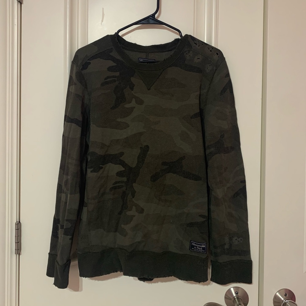 Distressed camo pullover sweatshirt oversized